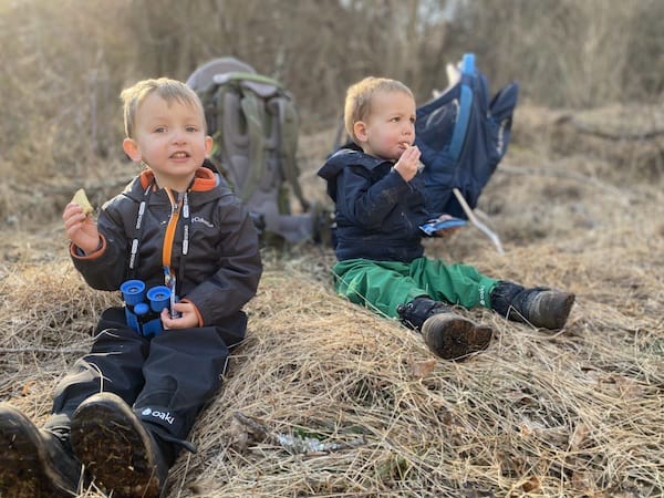 toddler hiking pants sitting in hay