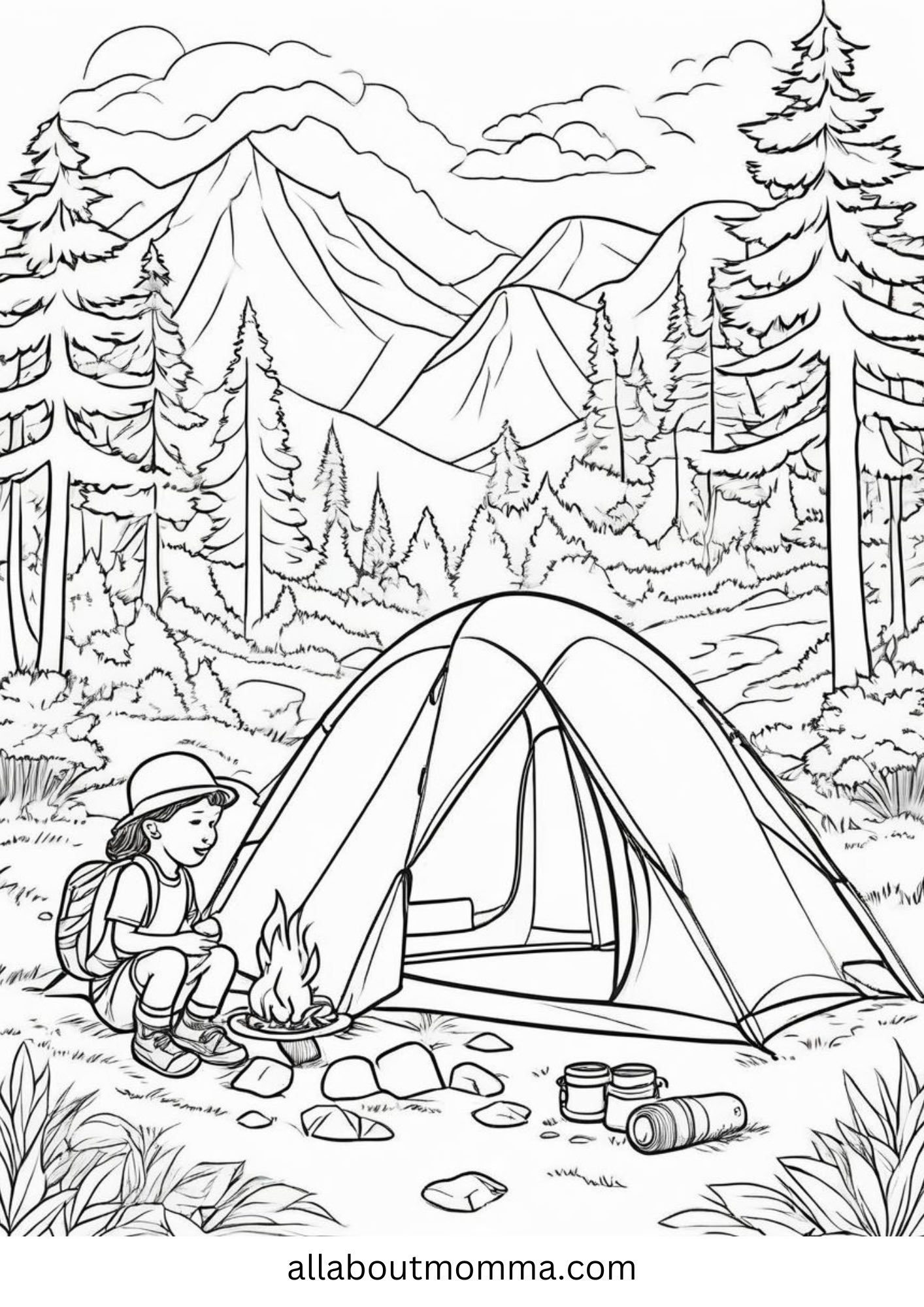 camping in woods free kids coloring page