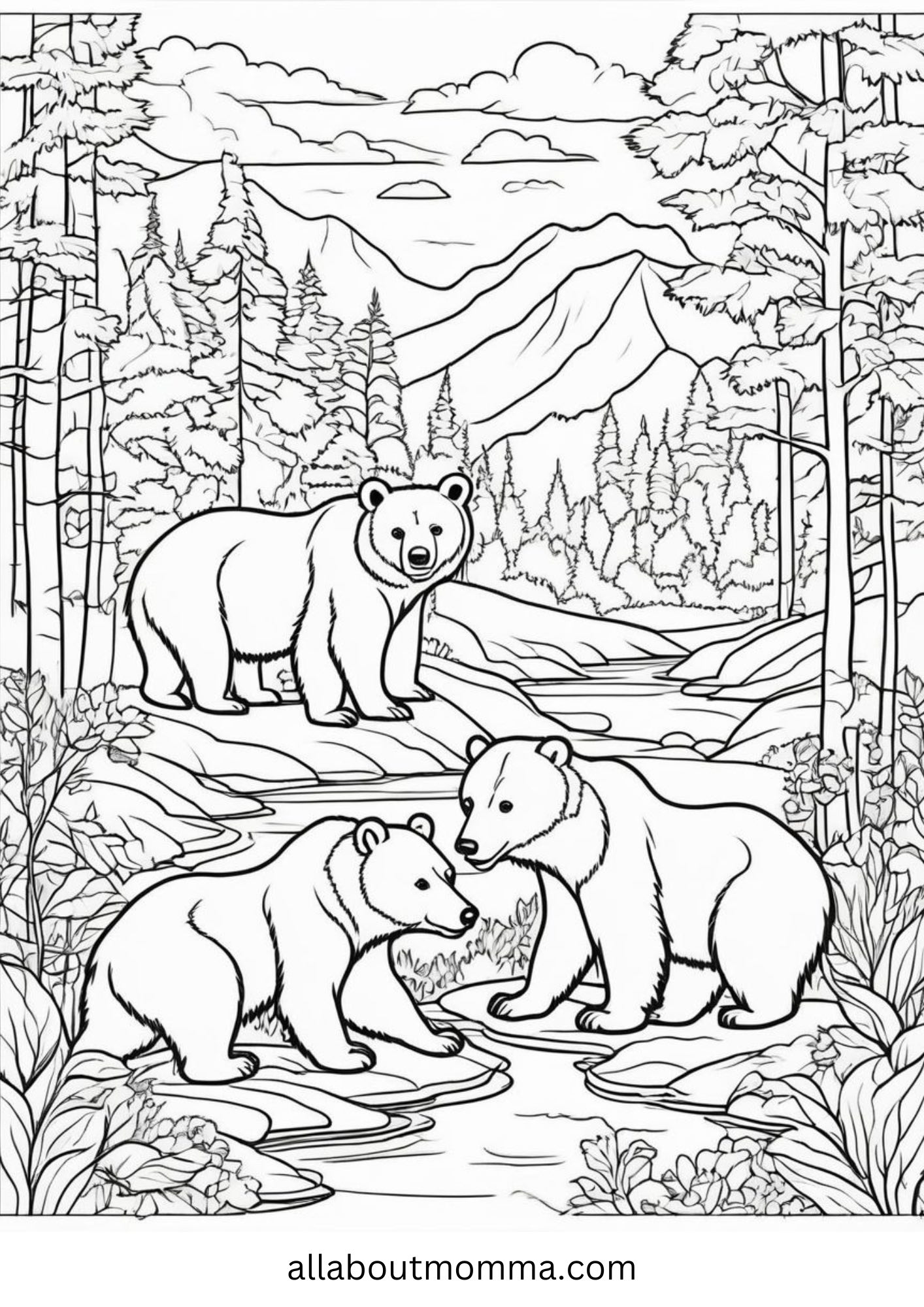 bears in nature free kid camping coloring page