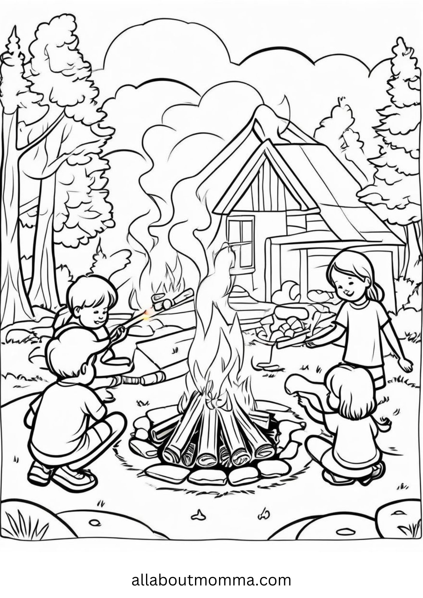 free camping coloring page of four kids around firepit