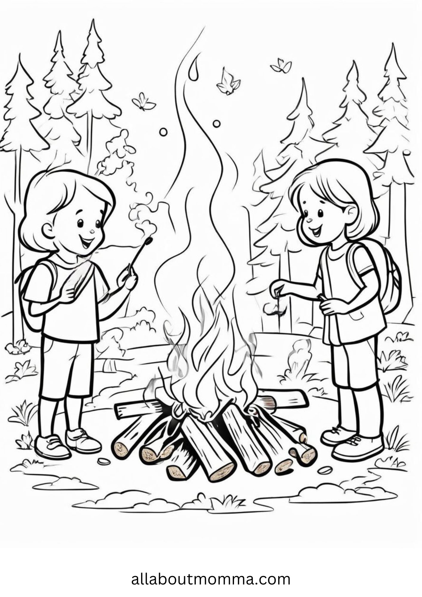 two kids around campfire free camping coloring page for kids