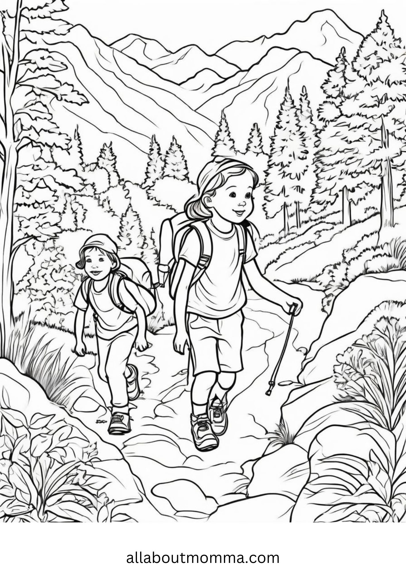two girls hiking free camping coloring page