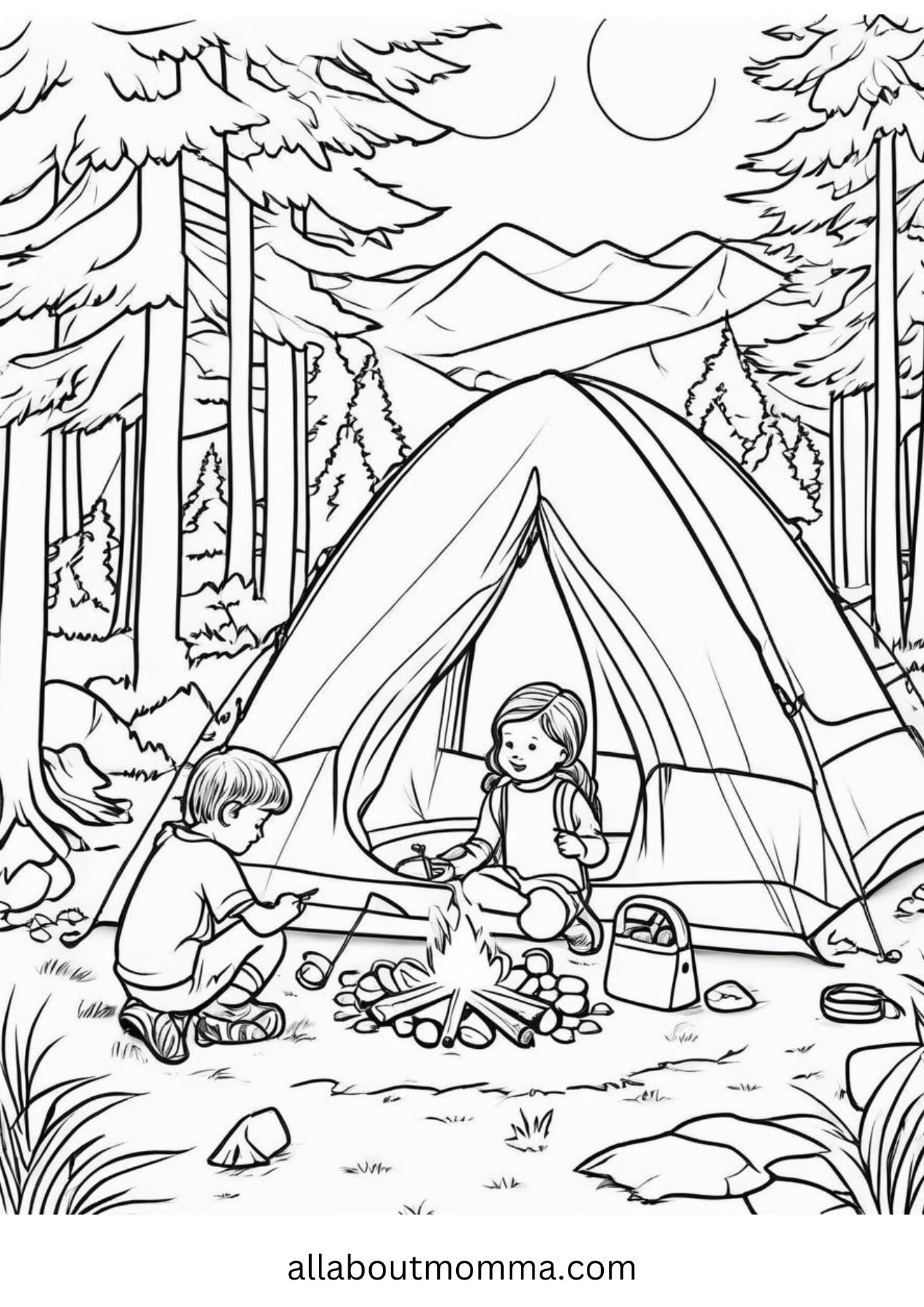 two kids camping in tent free camping coloring page
