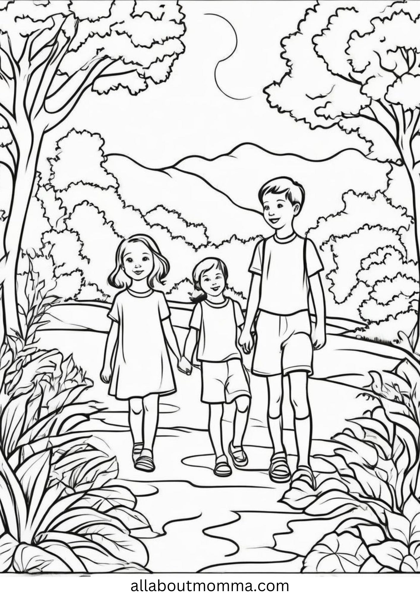 siblings hiking free camping coloring page