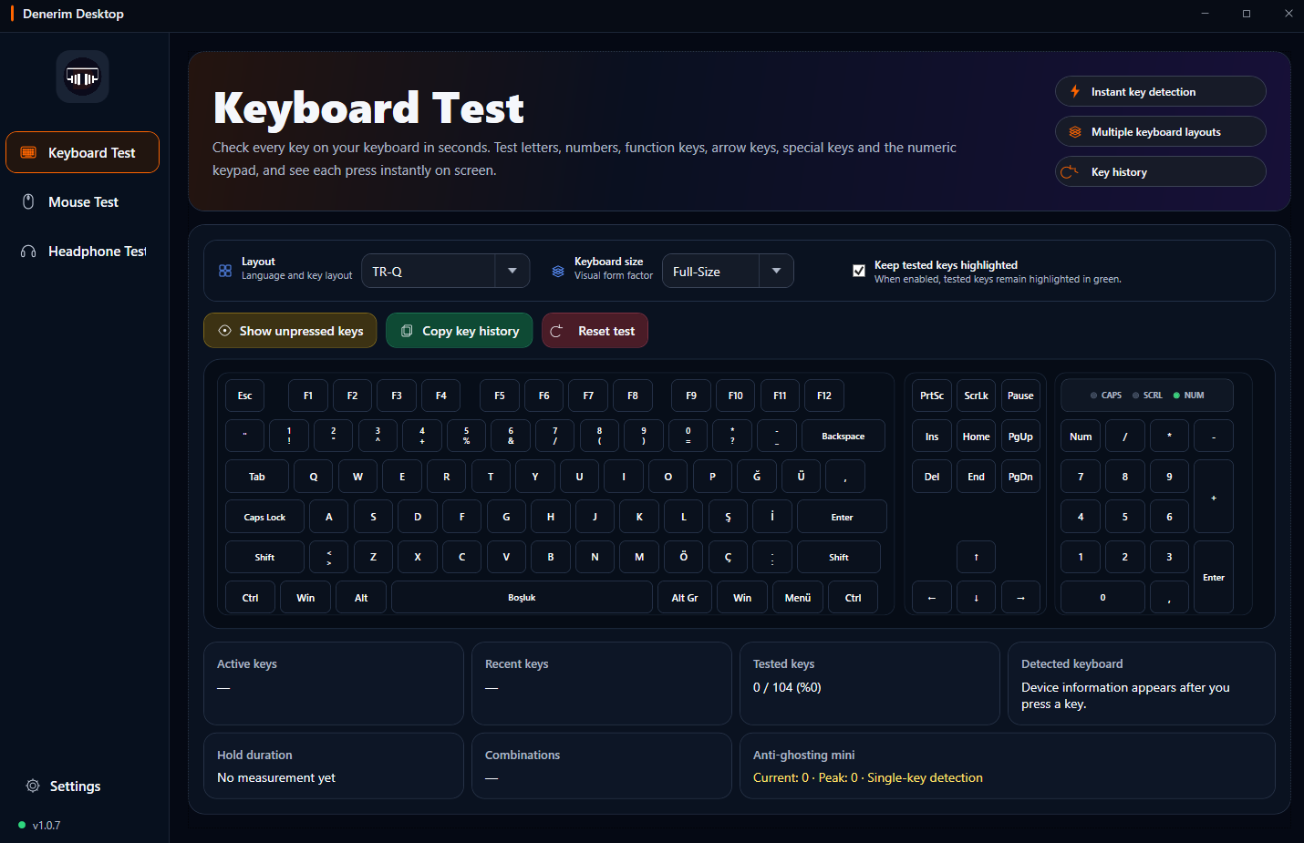 Denerim Desktop klavye testi ekranı