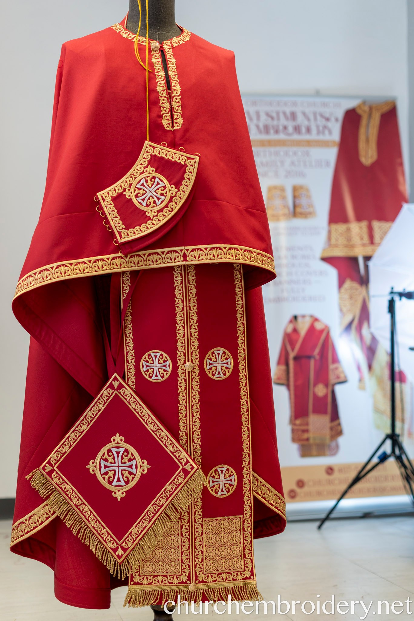 Fully-Embroidered Orthodox Priest Vestments Set — Gold-Red Linen