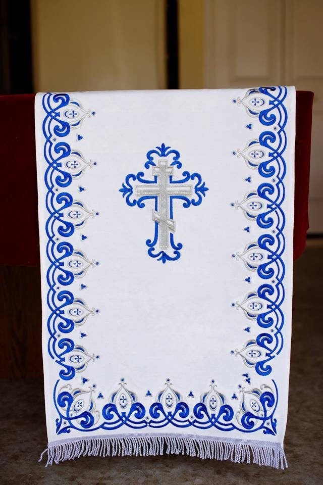Velvet Altar Covers in White with Blue &amp; Silver Stitching — photo 2