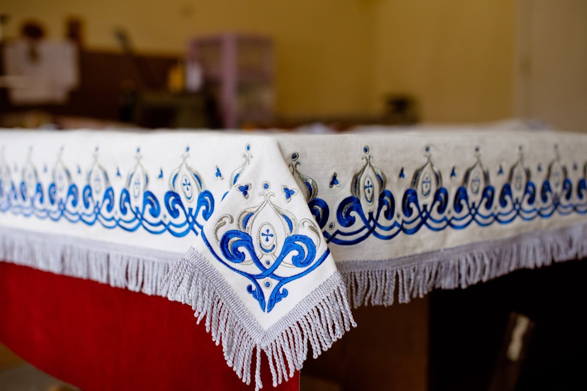 Velvet Altar Covers in White with Blue &amp; Silver Stitching — photo 6