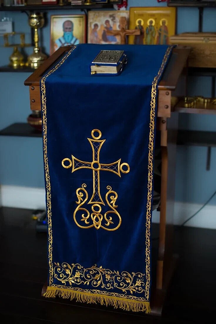 Embroidered Velvet Analogion Cover - Dark Blue &amp; Gold