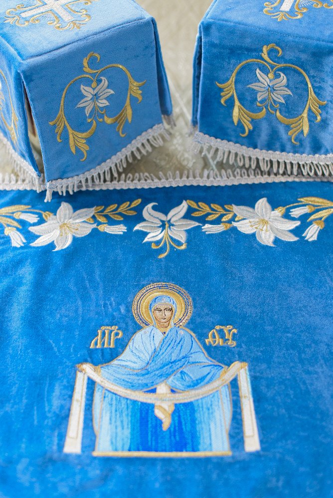 Blue Orthodox Chalice Cover and Veil Set - Embroidered With Protection Icon — photo 2
