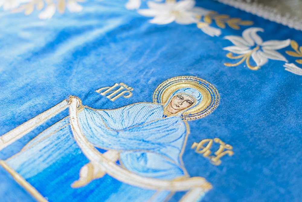 Blue Orthodox Chalice Cover and Veil Set - Embroidered With Protection Icon — photo 3