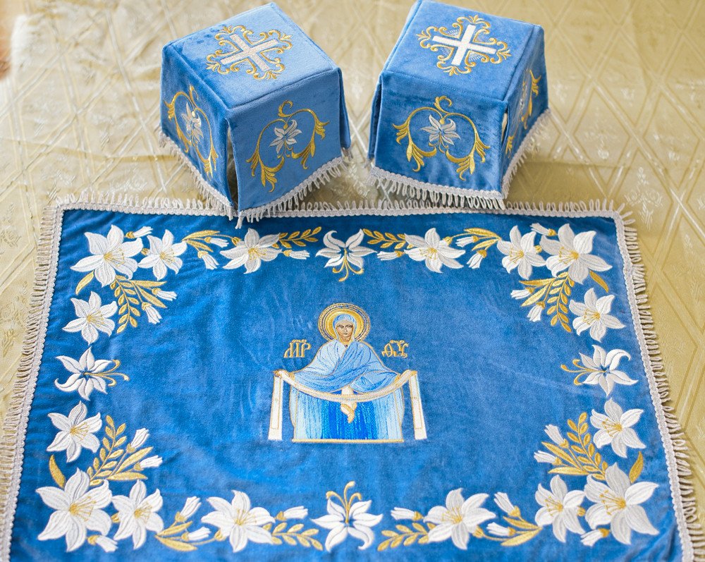Blue Orthodox Chalice Cover and Veil Set - Embroidered With Protection Icon — photo 4
