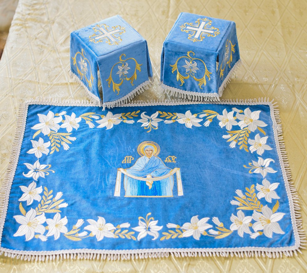 Blue Orthodox Chalice Cover and Veil Set - Embroidered With Protection Icon