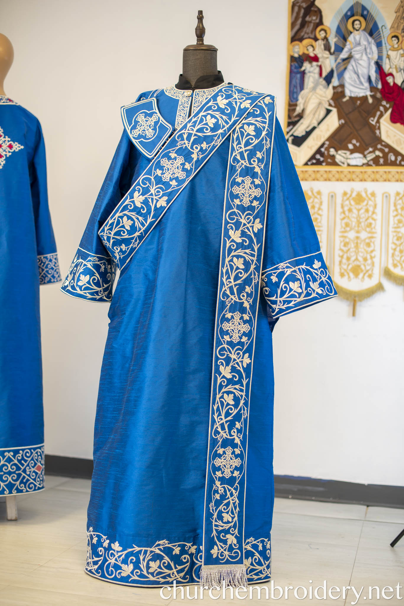 Fully Embroidered Orthodox Deacon Protodeacon Vestments set Blue Silver