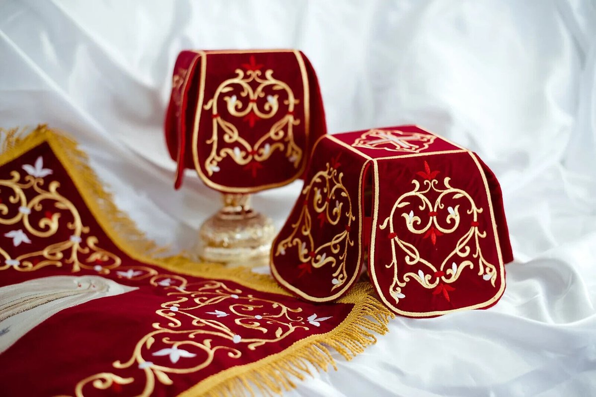 Burgundy Velvet Chalice Cover Set with Christ Icon