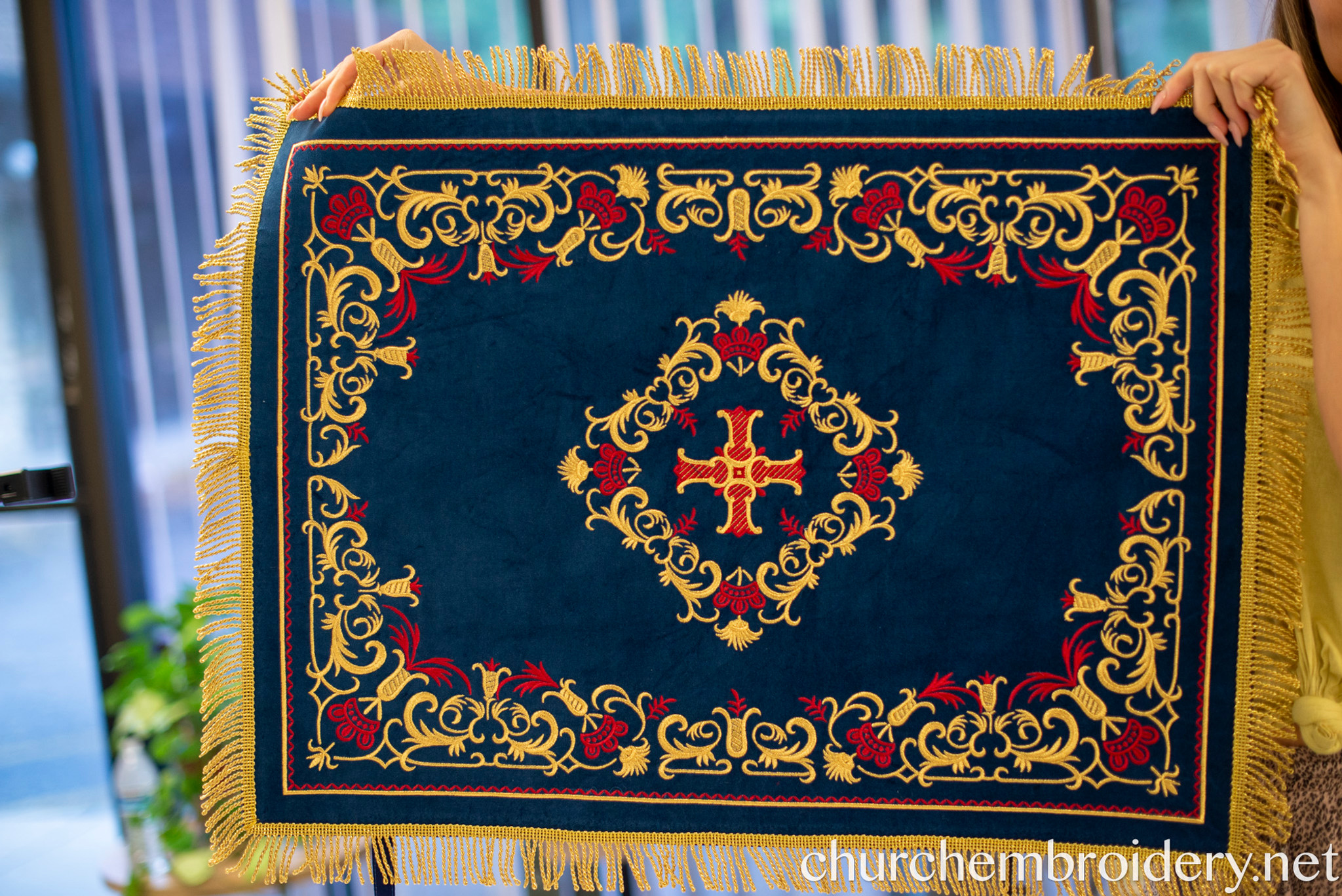 Embroidered Velvet Chalice Covers Set - Dark Blue &amp; Gold
