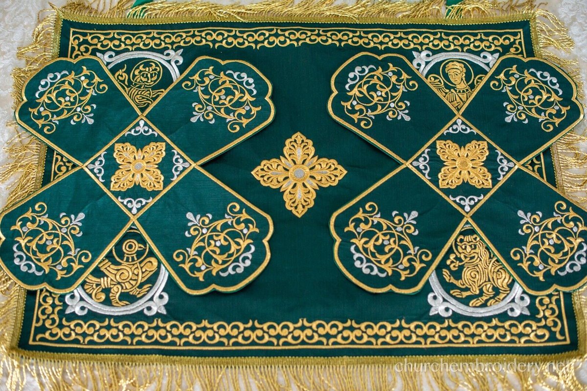 Embroidered Green Chalice Covers Set with Holy Trinity Bookmark