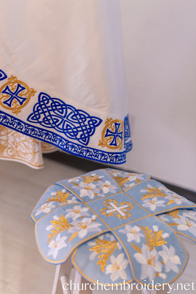 Serene Blue Chalice Cover Set with Embroidered Lilies &amp; Cross