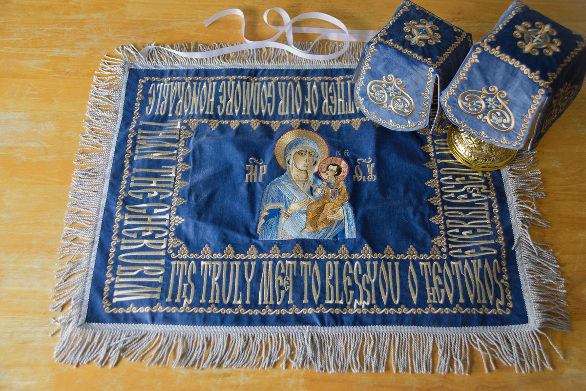 Embroidered Blue Chalice Covers with Theotokos Icon — photo 7