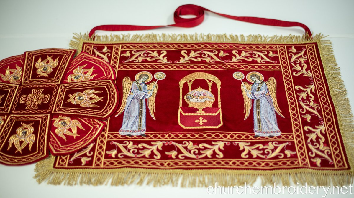 Red Orthodox Chalice Covers and Veil Set – Embroidered with Holy Lamb and Angels — photo 3