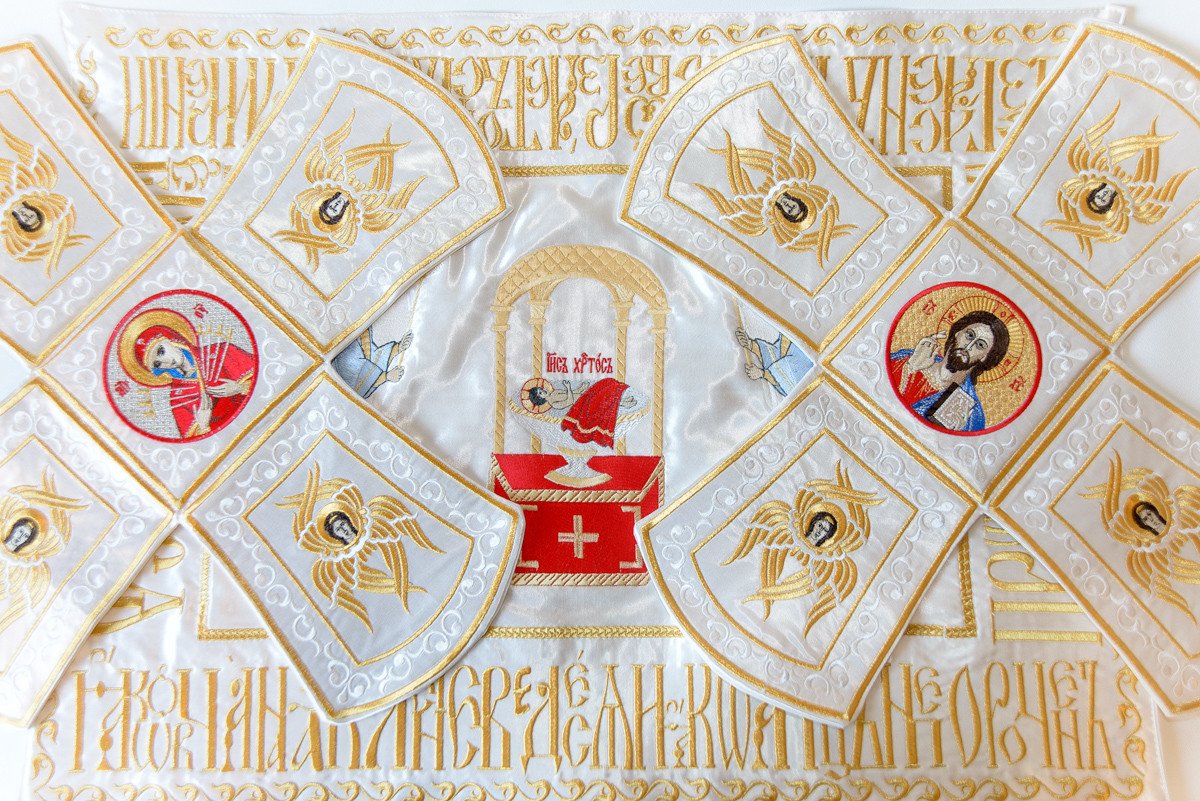 Embroidered Chalice Veils with Holy Icons and Troparion