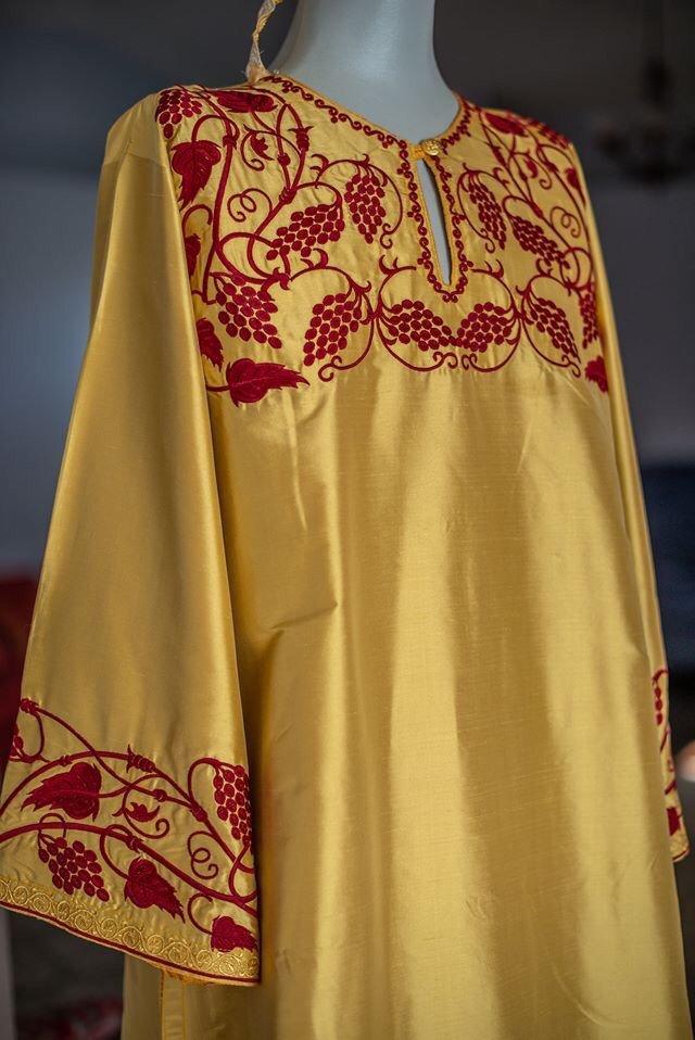 Golden Dupioni Silk Deacon Vestments with Red Embroidery — photo 2