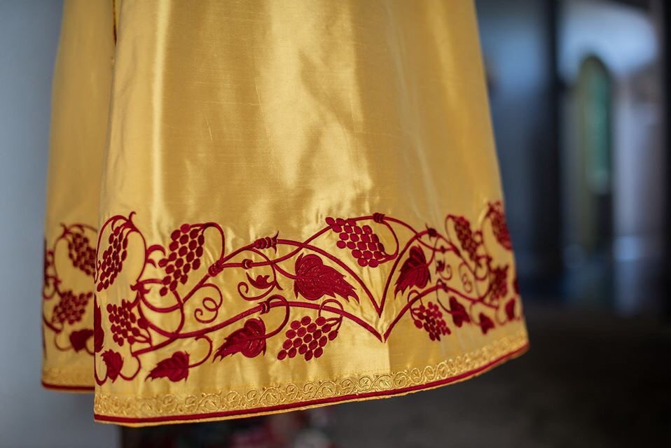 Golden Dupioni Silk Deacon Vestments with Red Embroidery — photo 3