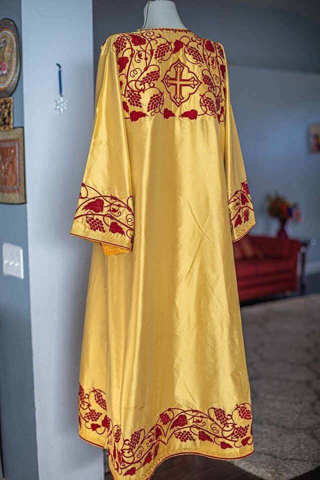 Golden Dupioni Silk Deacon Vestments with Red Embroidery — photo 5