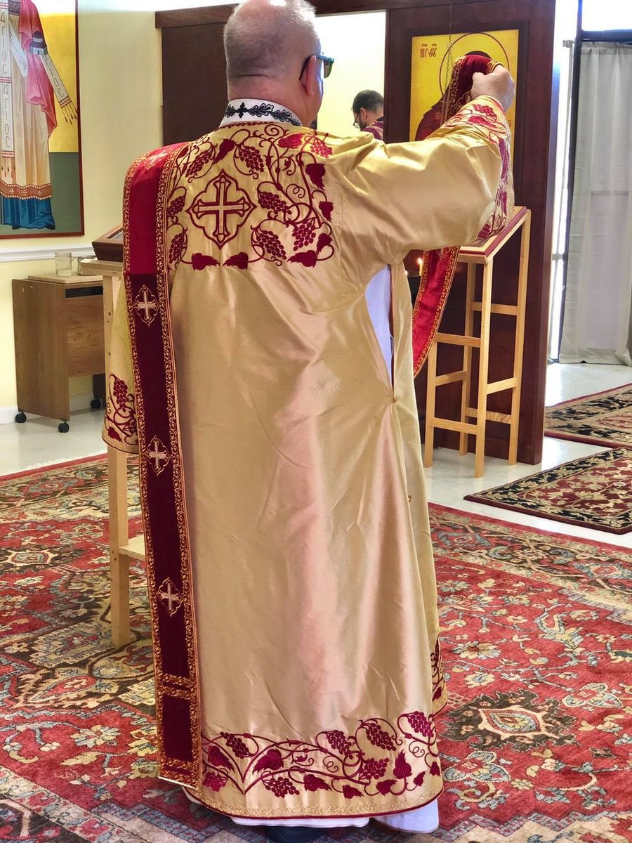Golden Dupioni Silk Deacon Vestments with Red Embroidery — photo 6