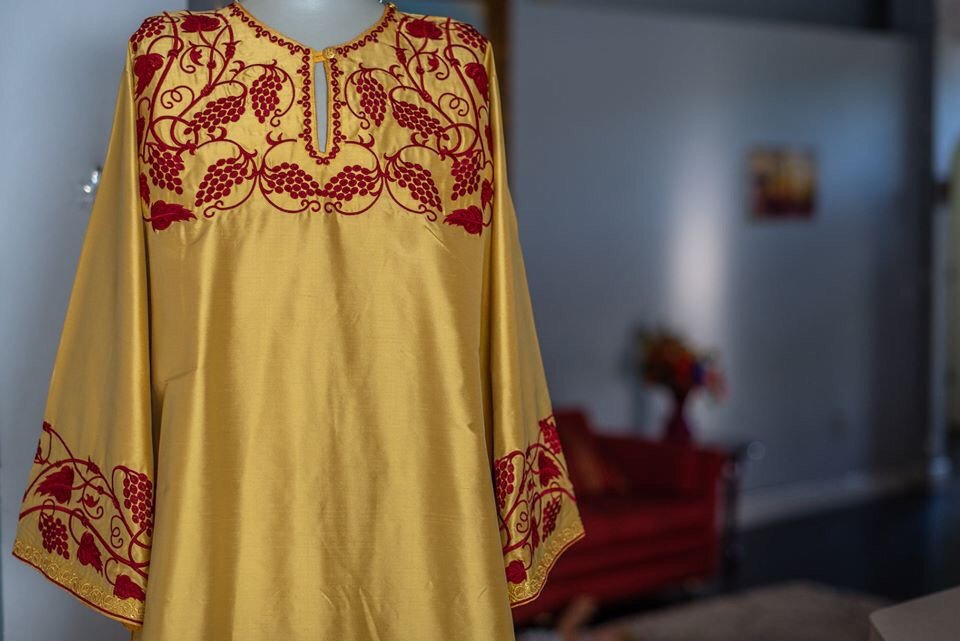 Golden Dupioni Silk Deacon Vestments with Red Embroidery