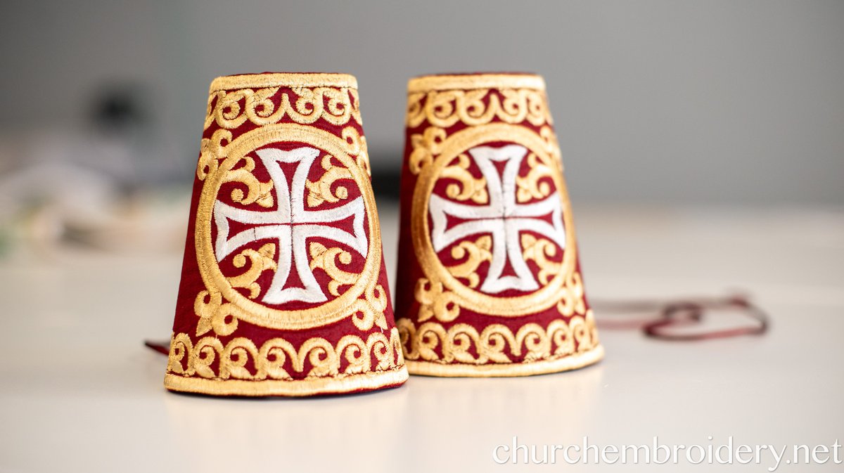 Embroidered Cuffs for priest, deacon, bishop Gold Metallic Thread, Red burgundy — photo 2