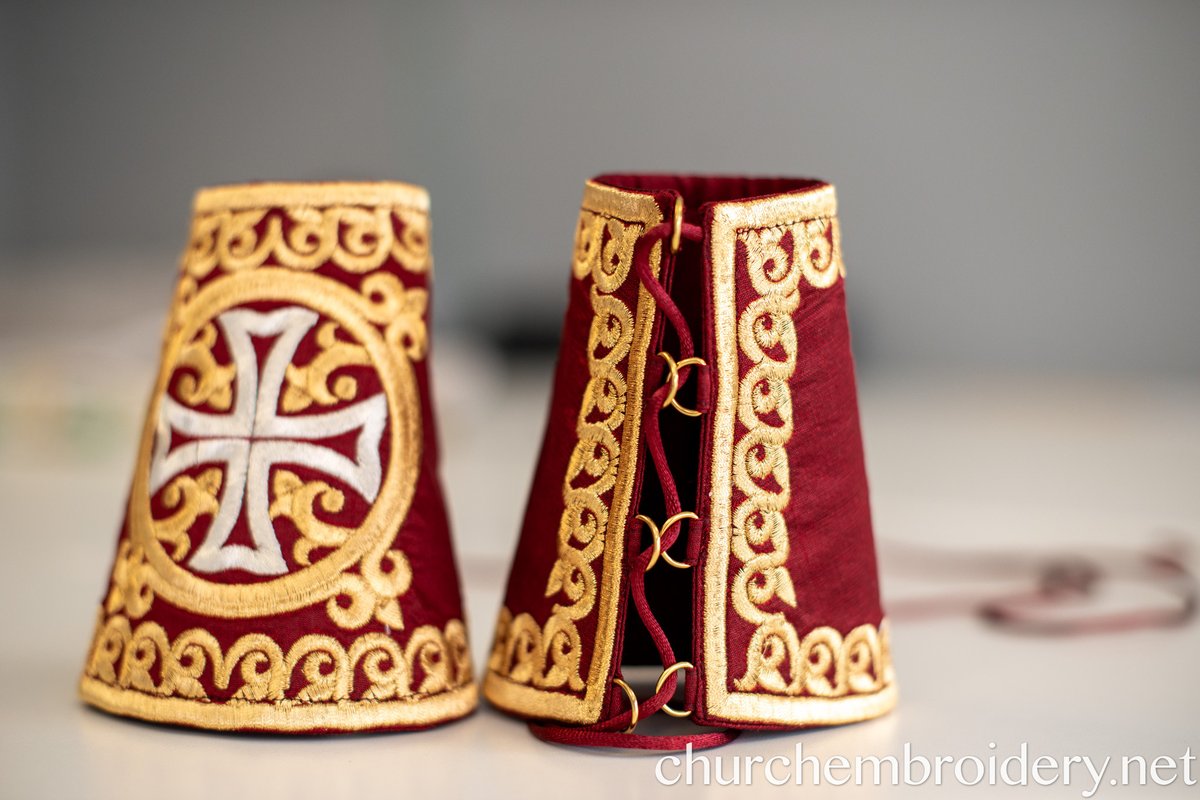 Embroidered Cuffs for priest, deacon, bishop Gold Metallic Thread, Red burgundy — photo 6