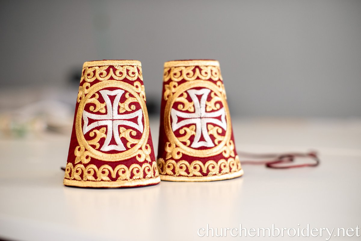Embroidered Cuffs for priest, deacon, bishop Gold Metallic Thread, Red burgundy