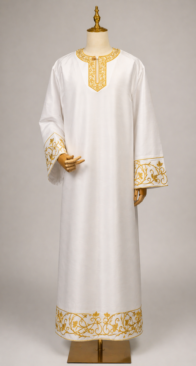 Fully Embroidered Altar Server Robes White Gold