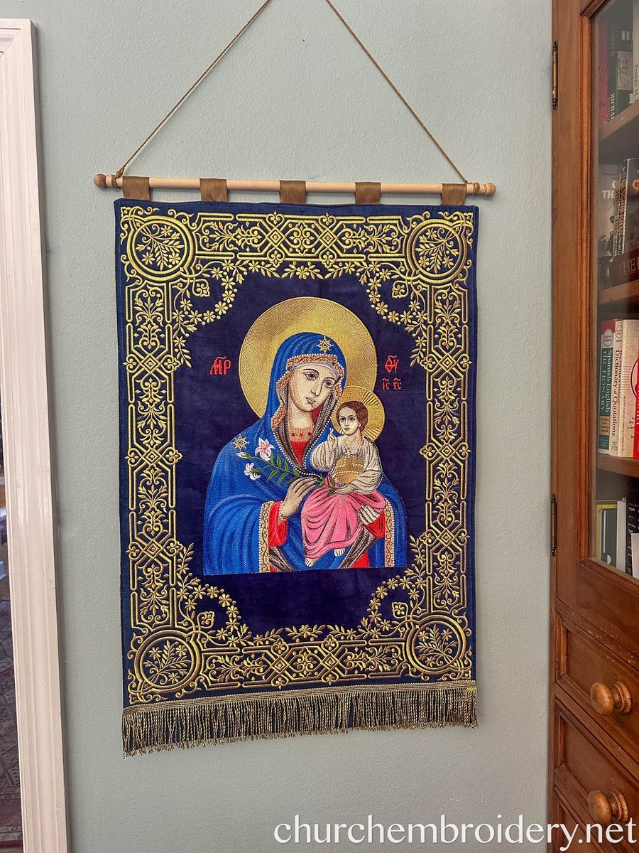 Fully Embroidered Banners with the Icon Of Theotokos Dark Blue