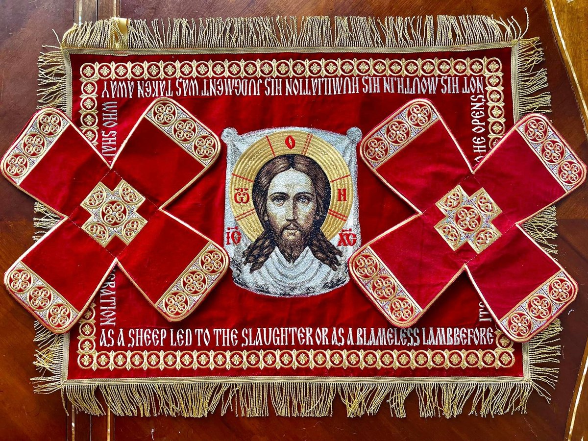 Fully Embroidered Chalice Covers, Veils. Dark Red With The Icon of Christ