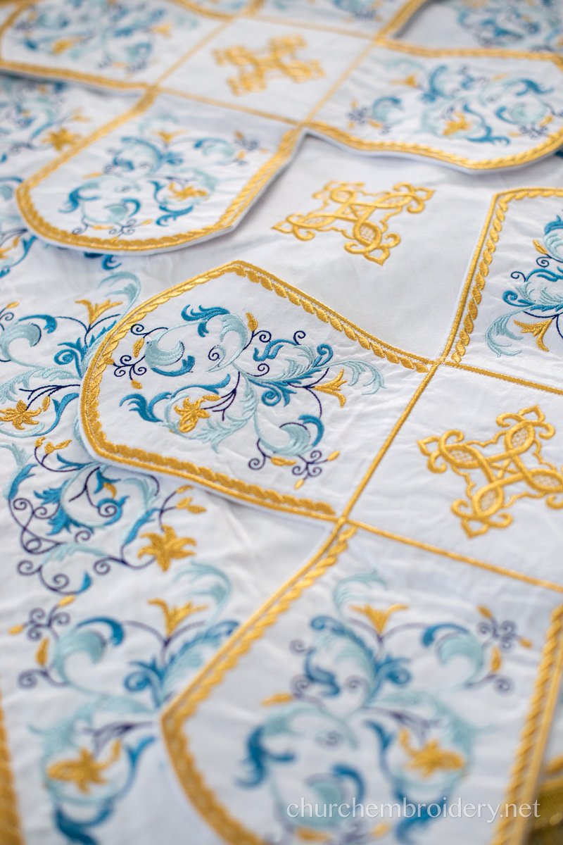 Fully Embroidered Chalice covers, veils. White gold blue