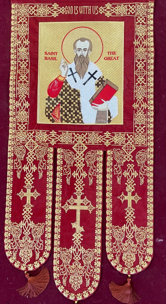 Fully embroidered church banner  with the st. Basil Icon