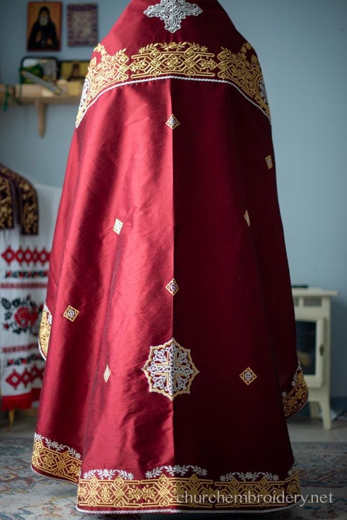 Fully Embroidered Dark Red Orthodox priest Vestments set. Lions Bysantic Pattern — photo 2