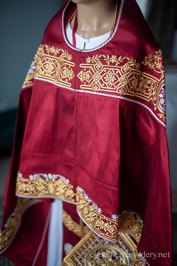Fully Embroidered Dark Red Orthodox priest Vestments set Russian Back Phelonion — photo 3