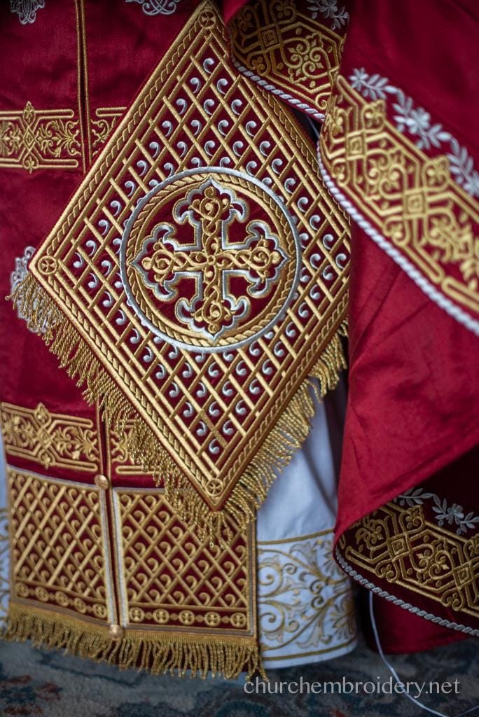 Fully Embroidered Dark Red Orthodox priest Vestments set. Lions Bysantic Pattern — photo 4