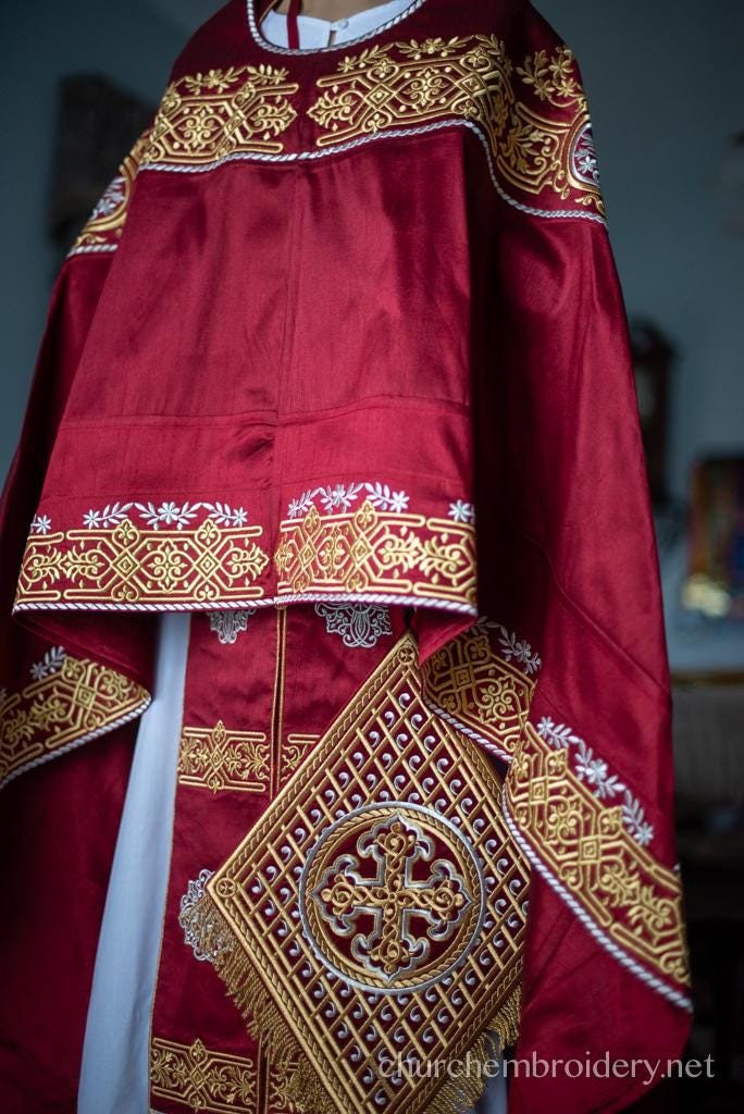 Fully Embroidered Dark Red Orthodox priest Vestments set Russian Back Phelonion — photo 5