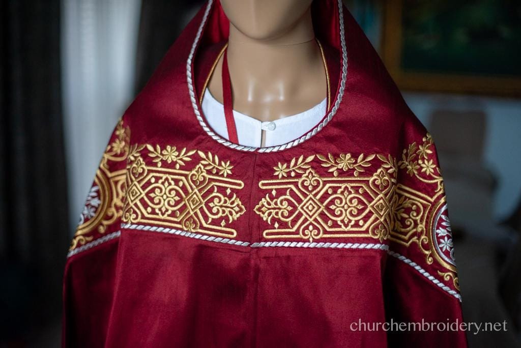 Fully Embroidered Dark Red Orthodox priest Vestments set Russian Back Phelonion — photo 9