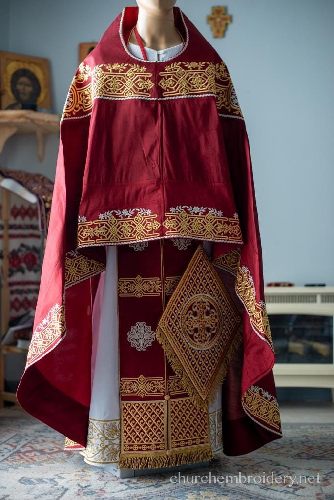 Fully Embroidered Dark Red Orthodox priest Vestments set Russian Back Phelonion