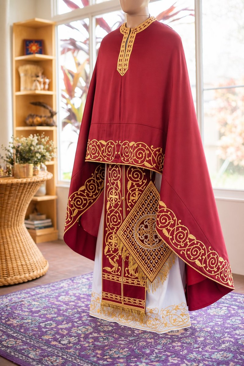 Fully Embroidered Dark Red Orthodox priest Vestments set. Lions Bysantic Pattern