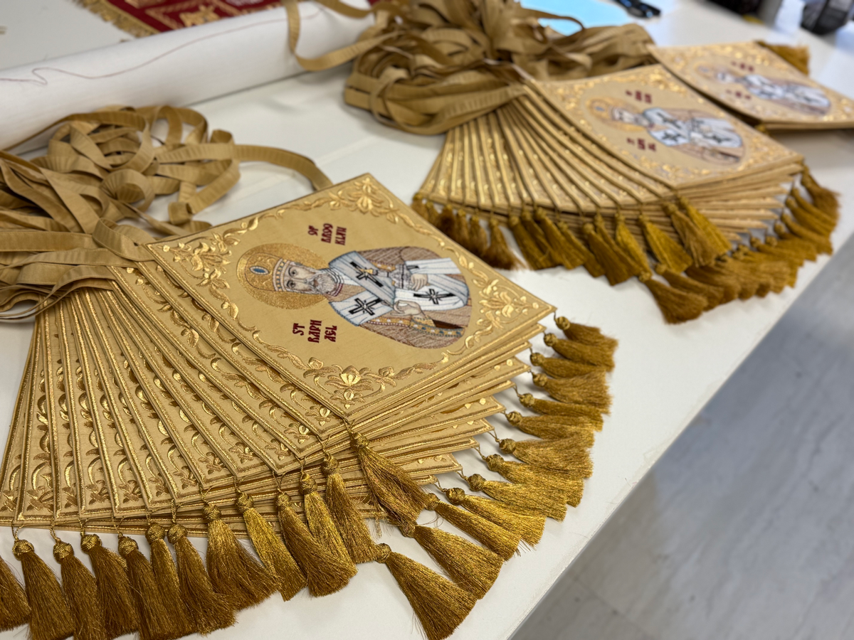 Fully Embroidered Epigonation  Palitsa with the icon of st Raphael of Brooklin