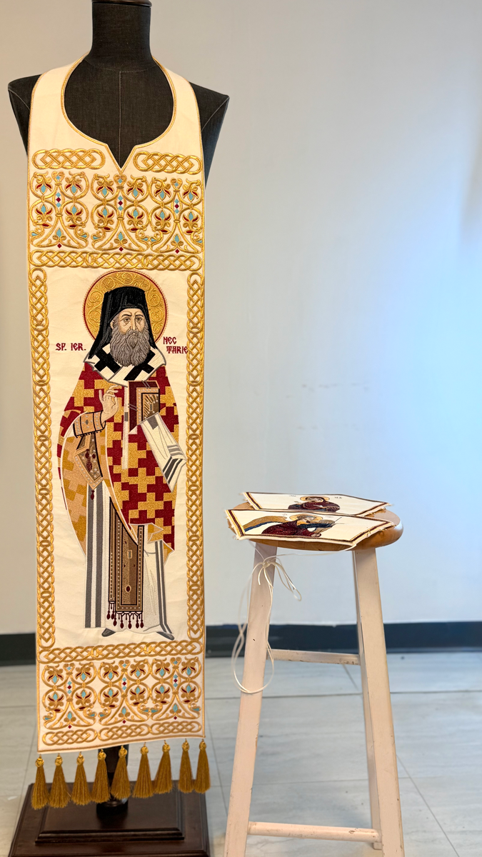 Fully Embroidered Epitrachelion –Saint Nectarios with the Icon — photo 2