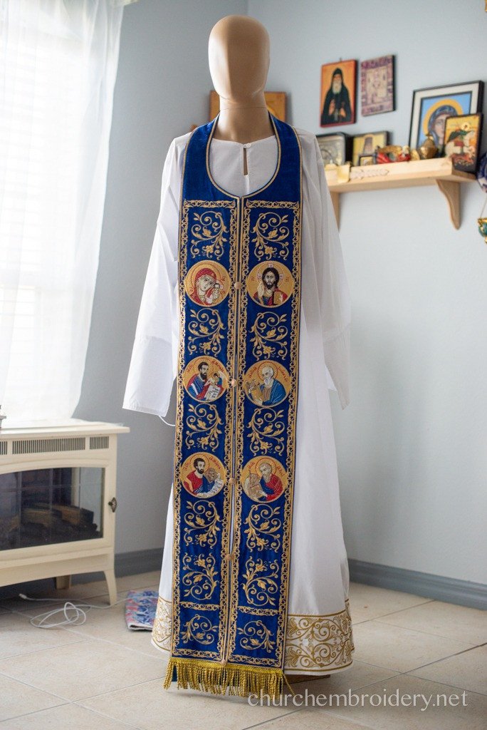 Fully Embroidered Epitrahelion Set With Icons, Blue Gold