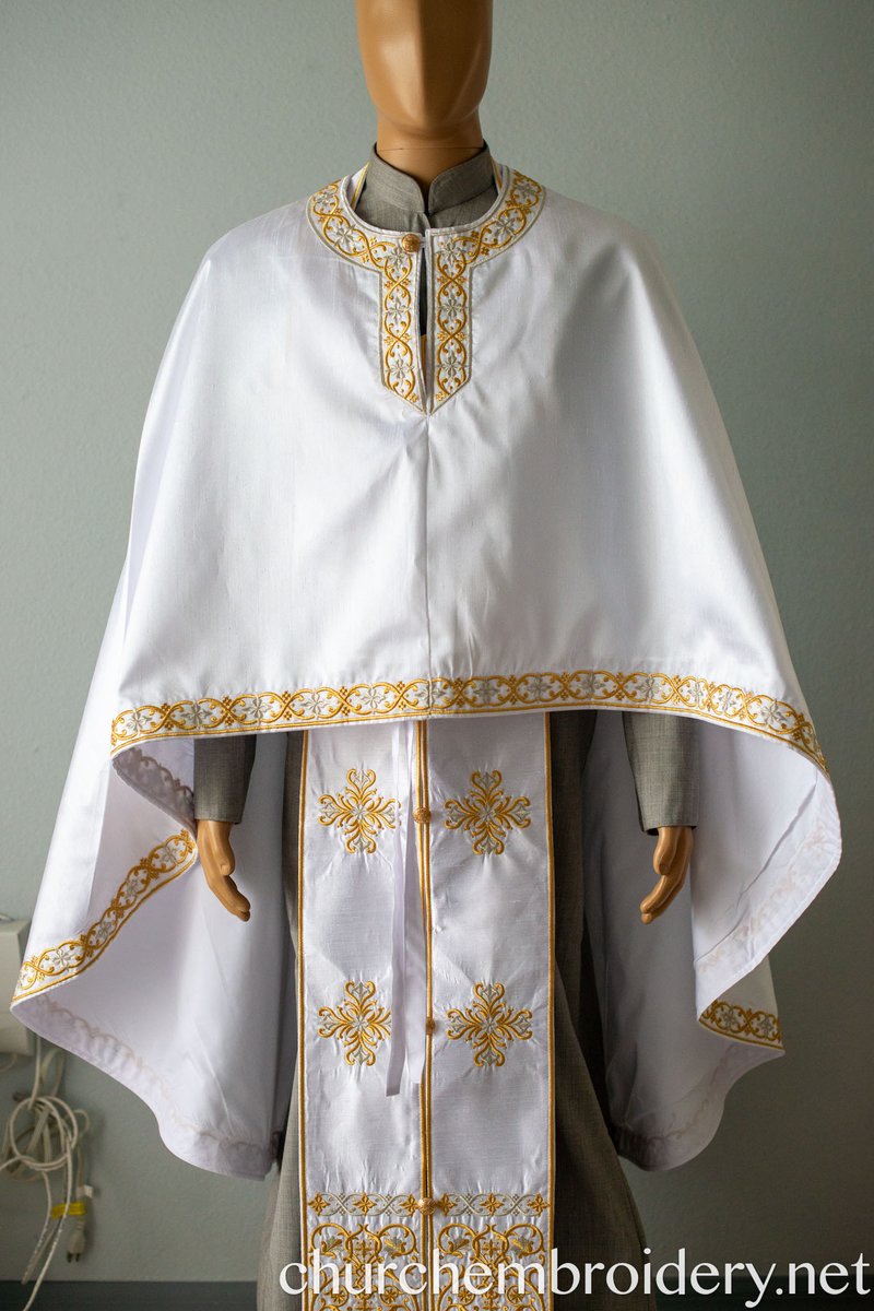 Fully Embroidered Orthodox Priest Simple Vestments Set, White,Gold Silver