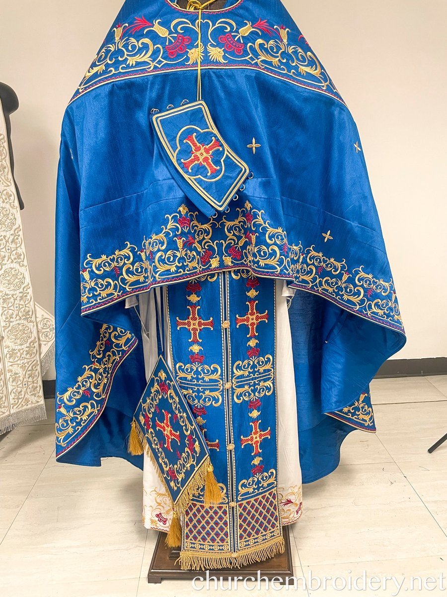 Fully-Embroidered Orthodox Priest Vestments Set —Blue Gold Red — photo 4